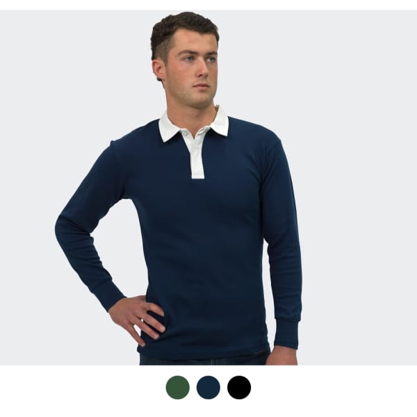 A unisex rugby jersey in navy blue with a white collar, featuring a logo on the chest. Available in additional colours.
