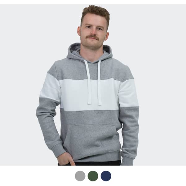 A unisex hoodie in grey with a white horizontal stripe, featuring a drawstring hood and a logo.