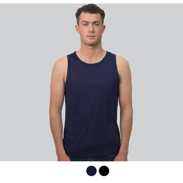 A navy men's sports tank top displayed on a model, featuring a simple design and branding.