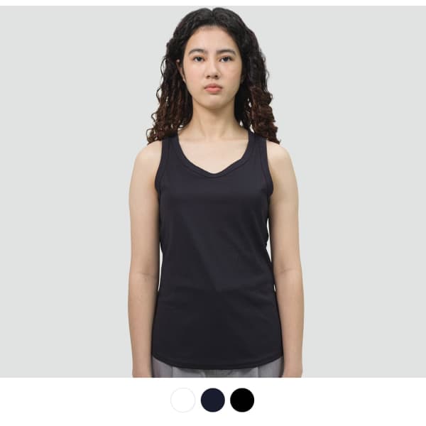 A black women's sports tank top with a simple design and a branding logo.