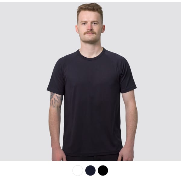 A navy men's sports T-shirt featuring a simple design and a logo, displayed on a model against a light background.