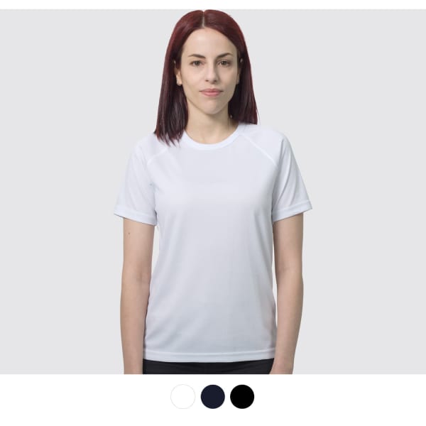 A white women's sports T-shirt with short sleeves, featuring a logo and available in black and white.