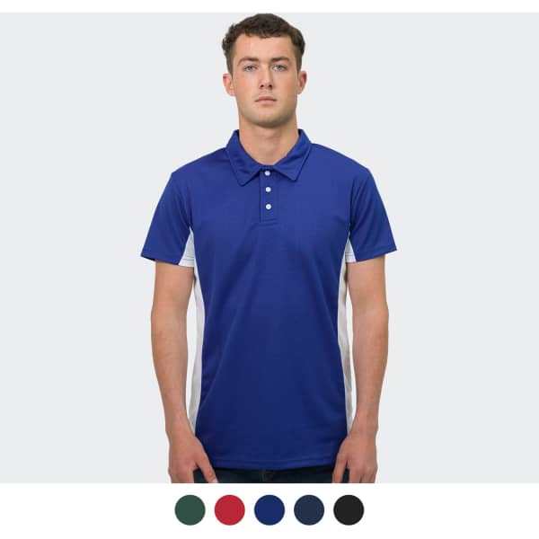 A blue polo shirt for men with white side panels and a logo. Available in multiple colours.