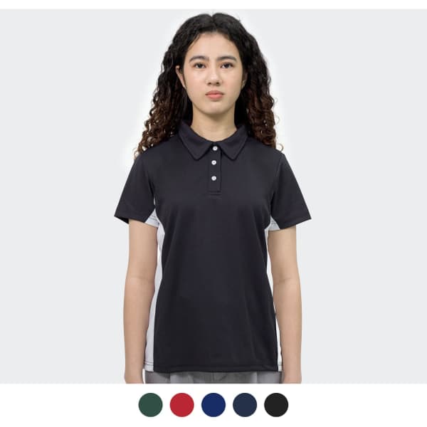 A black women's polo shirt featuring a classic collar and buttons, with a logo on the chest. Available in multiple colours.