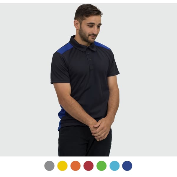 A men's polo shirt in navy with blue accents, featuring a logo and available in various colours below.