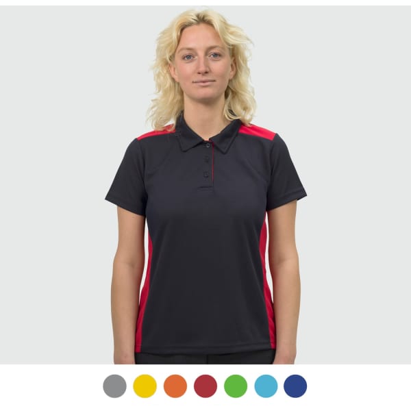 A women's polo shirt in black with red accents, featuring a collar and branding. Available in multiple colours.