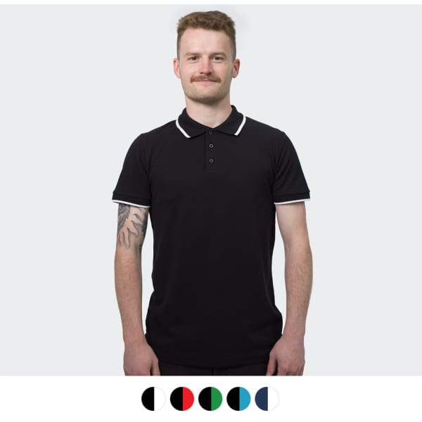 A black men's polo shirt with contrasting collar and sleeve details, featuring a logo. Available in multiple colours.