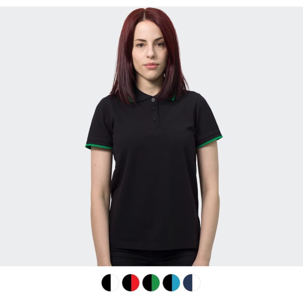 A black women's polo shirt with green trim on the collar and sleeves. Features branding on the shirt.