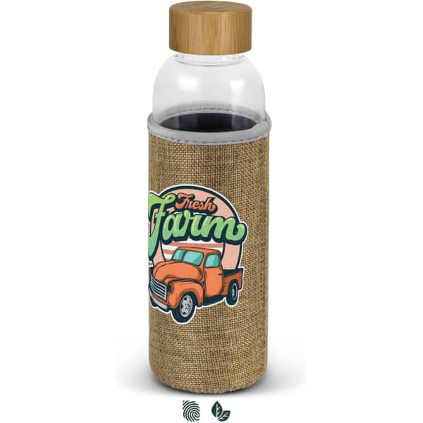 A drink bottle with a clear glass body and a natural fabric sleeve, featuring an orange truck illustration.