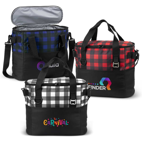 Three insulated cooler bags in black and various check patterns: blue, red, and black with white checks, each with a logo.