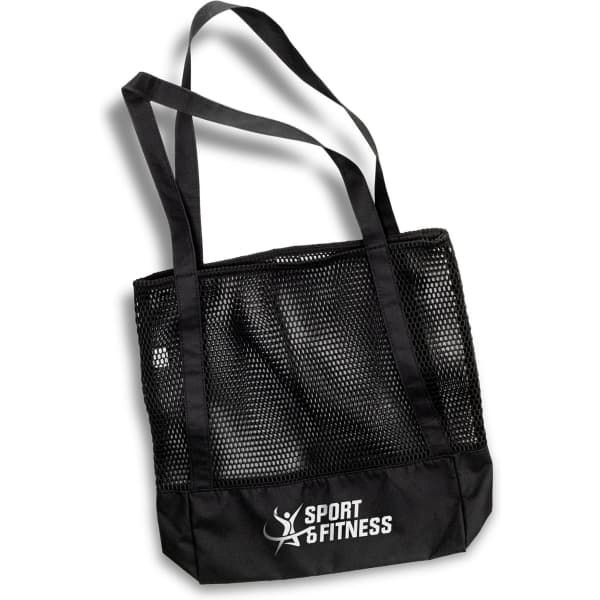 A black mesh sports tote bag with two shoulder straps and a logo on the front.