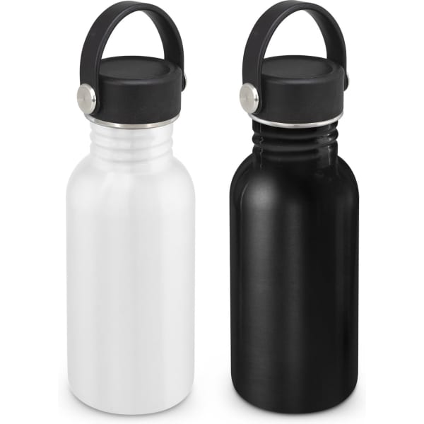 A drink bottle set featuring a white and a black bottle, each with a carry lid and a logo on the side.