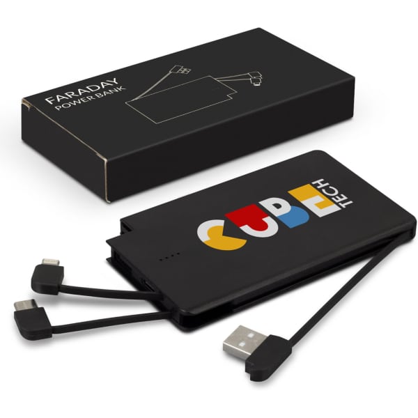 A black power bank with an attached charging cable, presented in a sleek box, featuring a colourful logo.