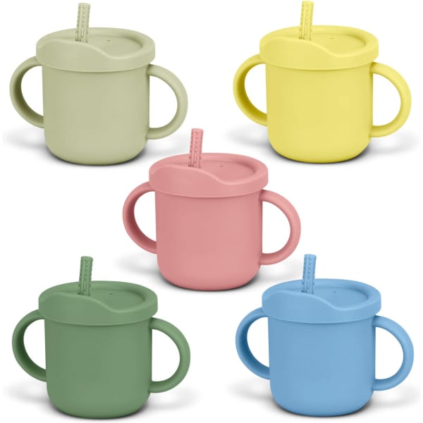 A drink bottle set featuring five sipper cups in green, yellow, pink, and blue with handles and straws.