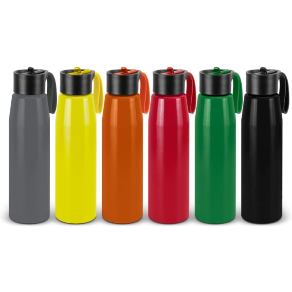 A drink bottle collection featuring six aluminium bottles in grey, yellow, orange, red, green, and black, each with a black lid.