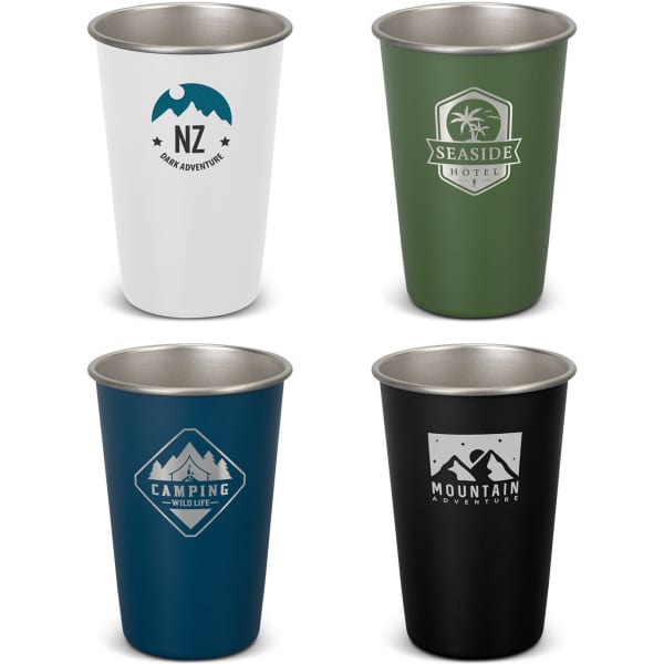 A collection of four plastic tumblers in white, green, blue, and black, each featuring distinct logos and designs.