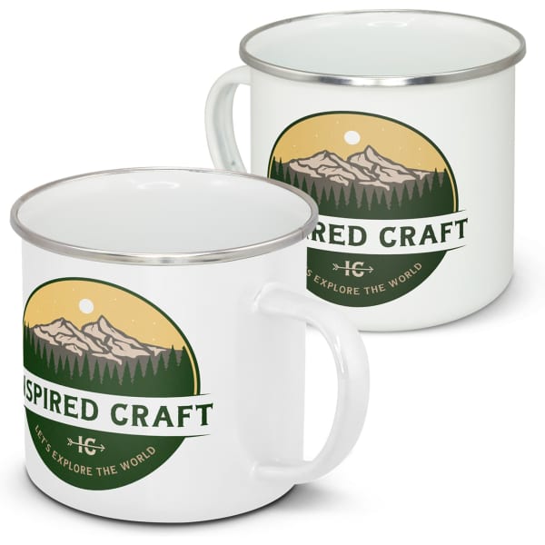 A white enamel mug with a silver rim, featuring a mountain design and a logo.