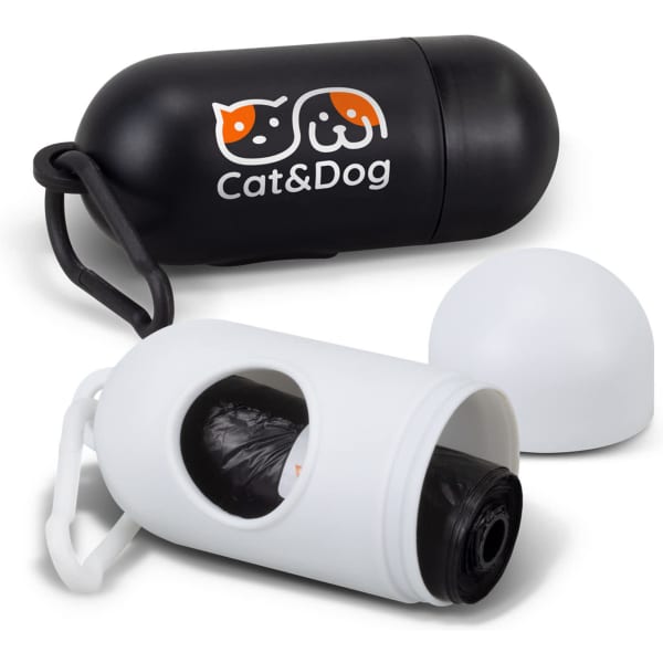 A black and white pet bag dispenser with a logo, featuring a removable cap and a clip for attachment.