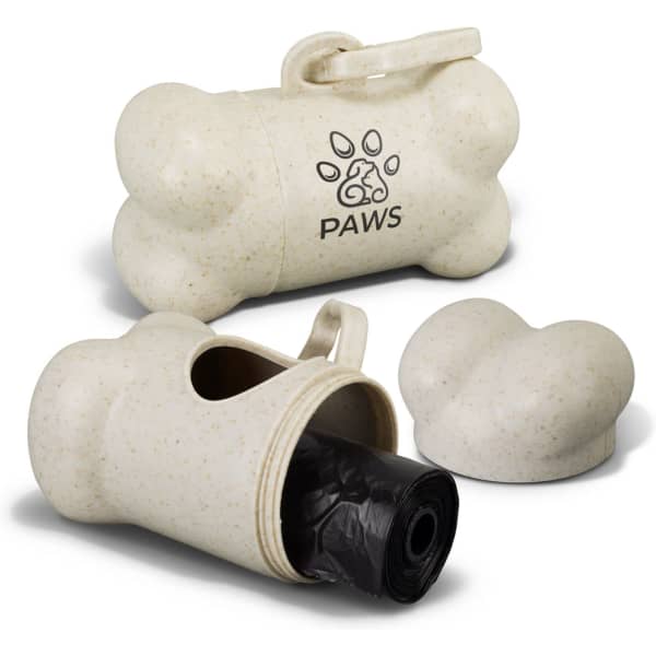 A bone-shaped pet bag dispenser in a natural colour, with a removable lid and a roll of bags inside. It features a logo.