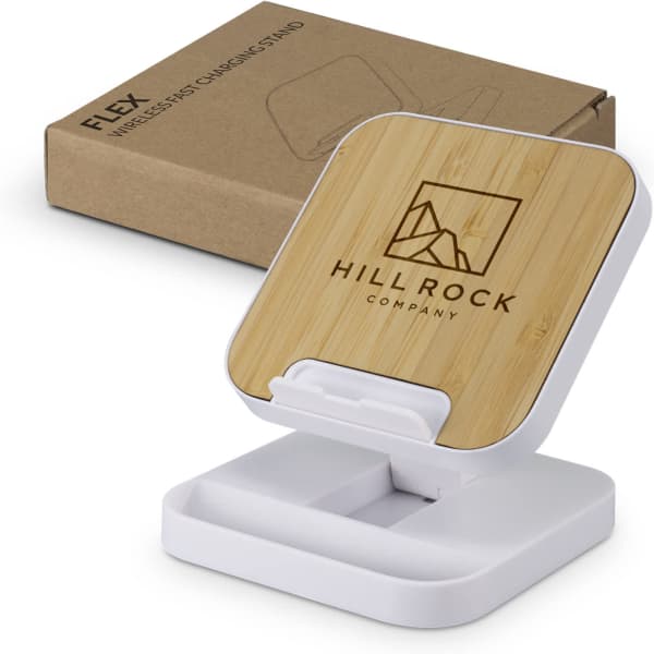 A wireless charging stand with a bamboo surface and white base, accompanied by a cardboard box.
