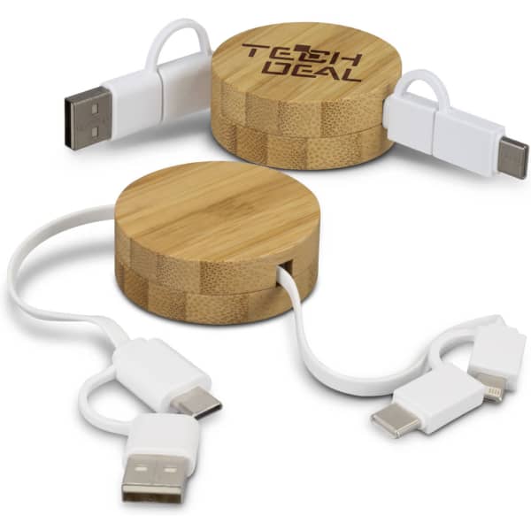 A bamboo retractable charging cable in natural wood colour, featuring white connectors and a logo on the surface.