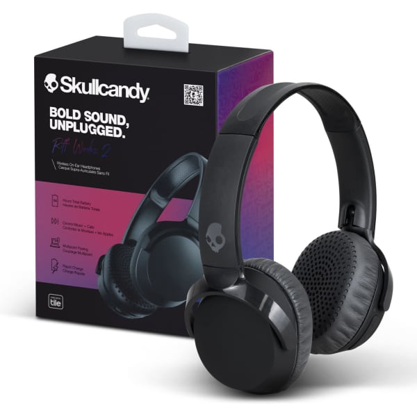 Black wireless headphones displayed alongside their packaging, featuring a logo and a sleek design.