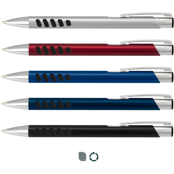 A set of metal pens in silver, red, blue, dark blue, and black, each with a rubber grip and a clip.