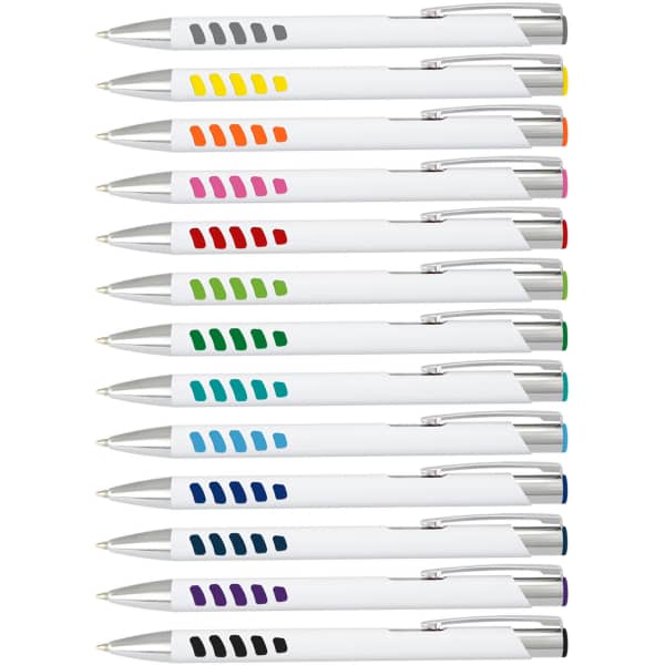 A collection of white barrel pens in various colours, featuring a sleek design and silver accents.