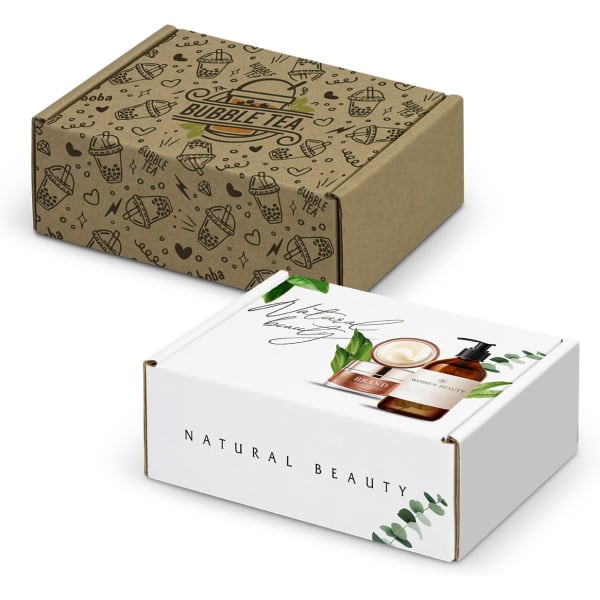 Two die cut boxes with locking lids, one brown with a pattern, the other white featuring a floral design.