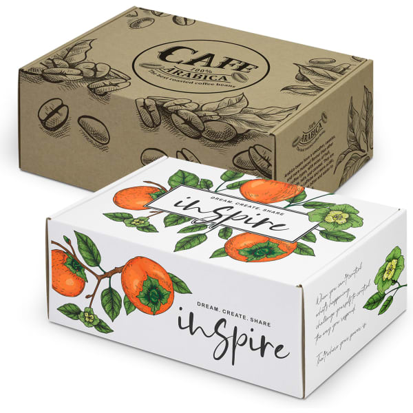 Two die cut boxes with locking lids, featuring floral and coffee bean designs in earthy tones and white. Each has a logo.