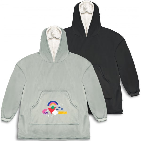 Two hoodies, one light grey and one black, featuring a front pocket and a decorative logo on the grey hoodie.