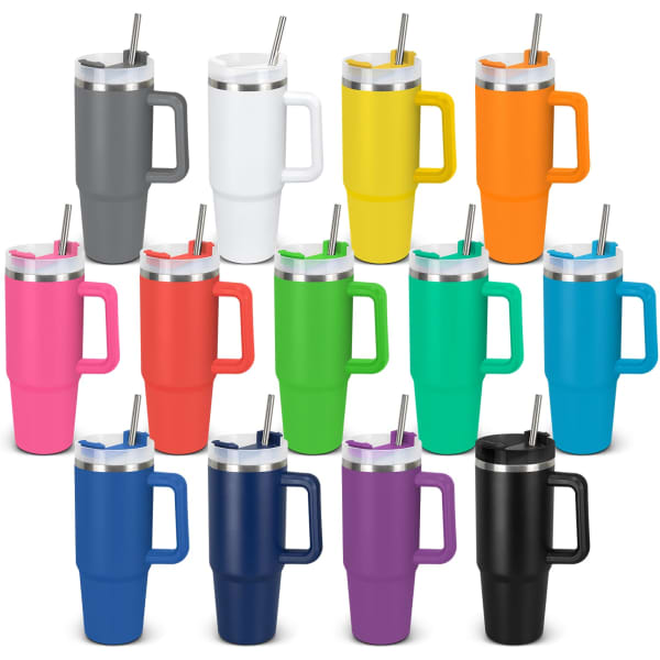 A drink bottle collection featuring various colours including grey, white, yellow, orange, pink, red, teal, green, purple, and black, with metallic details and straws.