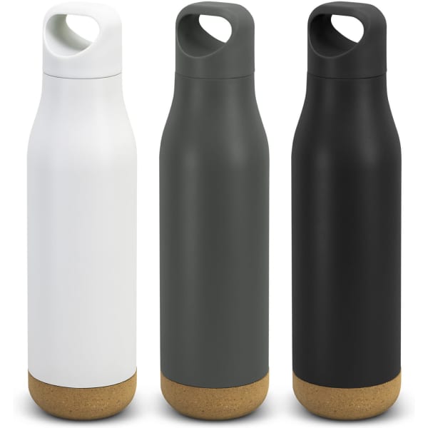 A drink bottle collection featuring white, olive green, and black bottles with a cork base and a handle. Each bottle has a logo.