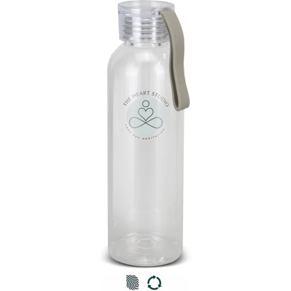 A drink bottle made of clear plastic with a grey handle and a logo on the front.