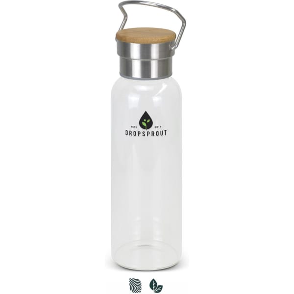 A drink bottle made of clear glass with a stainless steel and wooden lid, featuring a small logo.