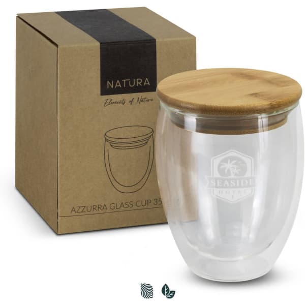 A drink bottle with a transparent glass body and a bamboo lid, packaged in a cardboard box.