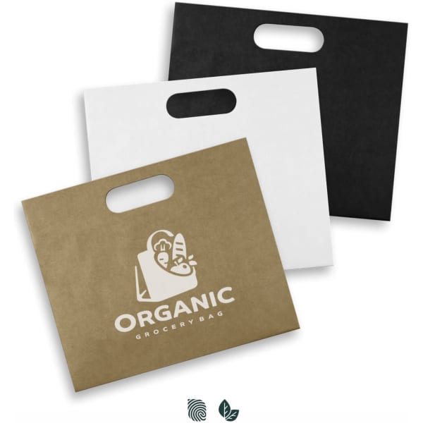 Large die cut paper bags in brown, white, and black, featuring a logo on the front. 