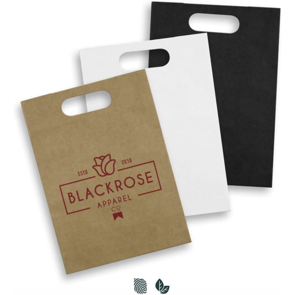 A large die cut paper bag in brown, white, and black, featuring a logo and handle cutouts.