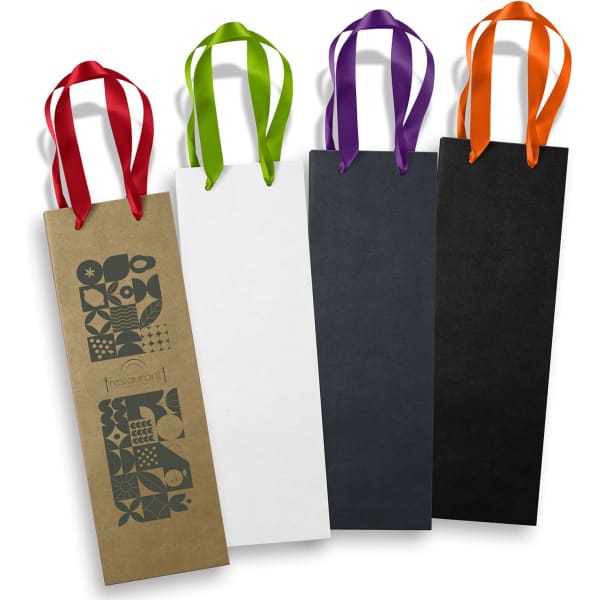A set of four tall paper bags in brown, white, black, and purple, with ribbon handles in green, purple, and orange.