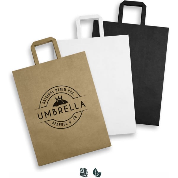 A set of three extra large flat handle paper bags in brown, white, and black, featuring a logo on the brown bag.