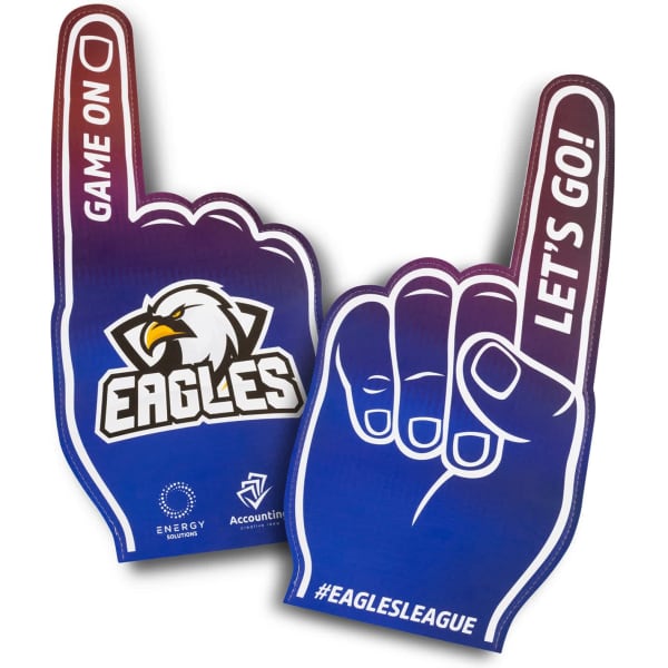 A foam hand supporter in blue and white with an eagle logo, featuring a finger pointing up and text.