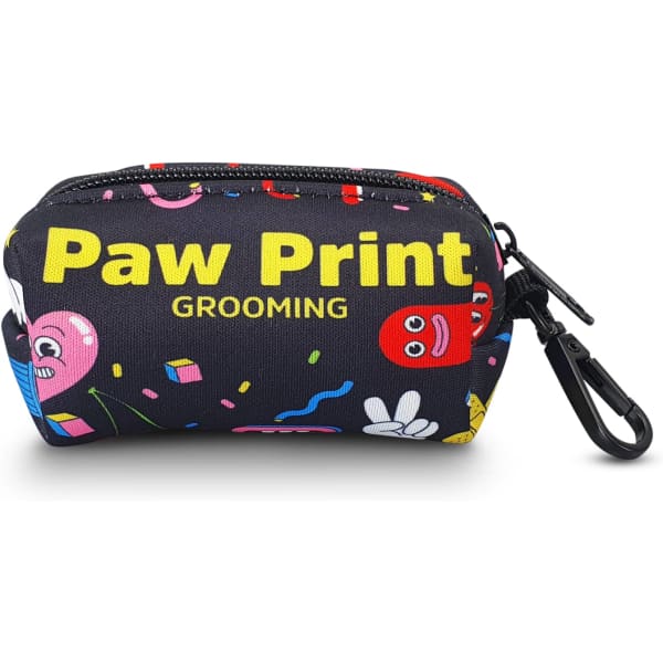 A small black pouch with colourful cartoon prints, featuring a clip and the words 