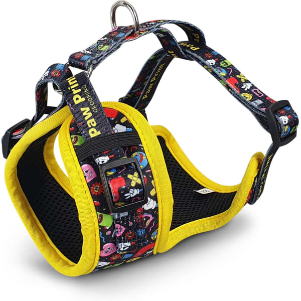 A pet harness featuring a colourful pattern with yellow accents and a black mesh interior. Contains a logo.