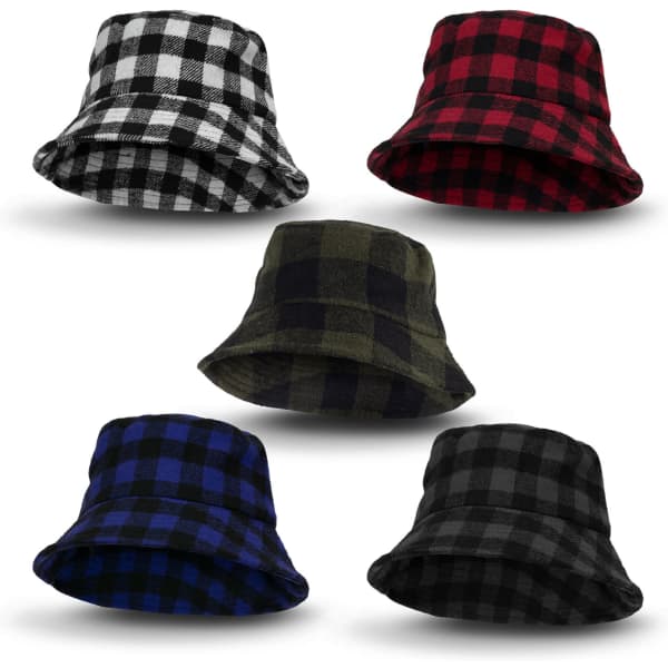 A collection of Fiordland bucket hats in black and white, red, green, blue, and solid black plaid patterns.