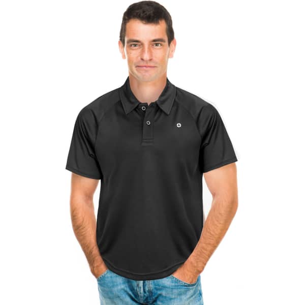 A black polo shirt featuring a logo, designed with a modern fit and short sleeves.