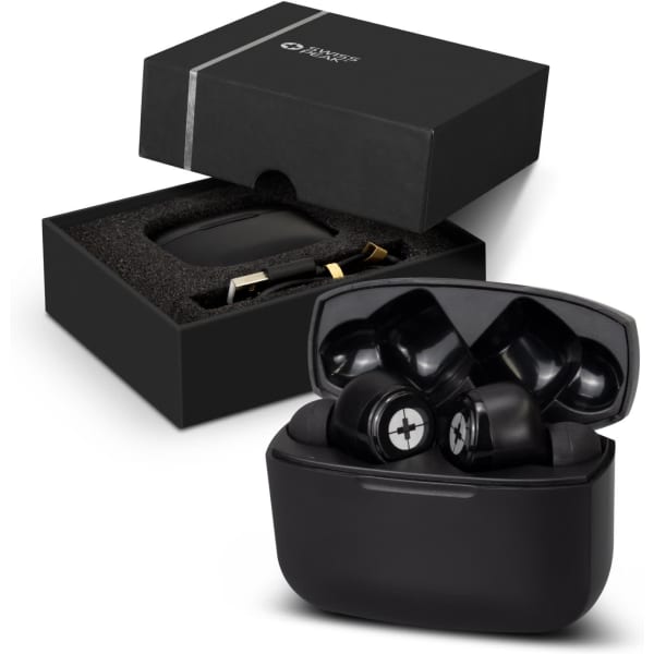 A set of black Swiss Peak ANC TWS earbuds presented in an open black box with foam padding.