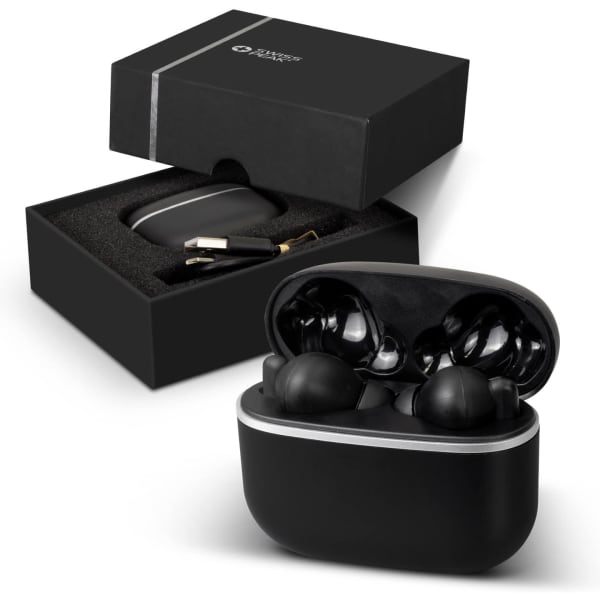 A pair of black Swiss Peak TWS Earbuds 2.0 in a black packaging box with an interior foam insert.