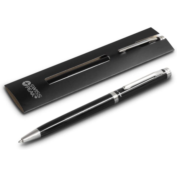 A metal pen in black with silver accents, presented in a sleek black packaging with a branding logo.