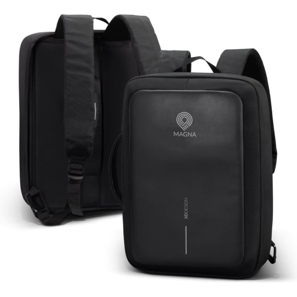 A black anti-theft backpack with adjustable straps, featuring a minimalistic design and a logo on the front.