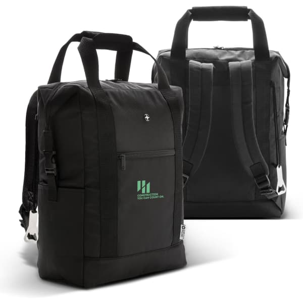 A black cooler totepacks with dual handles and adjustable straps, featuring a logo in a subtle green hue.